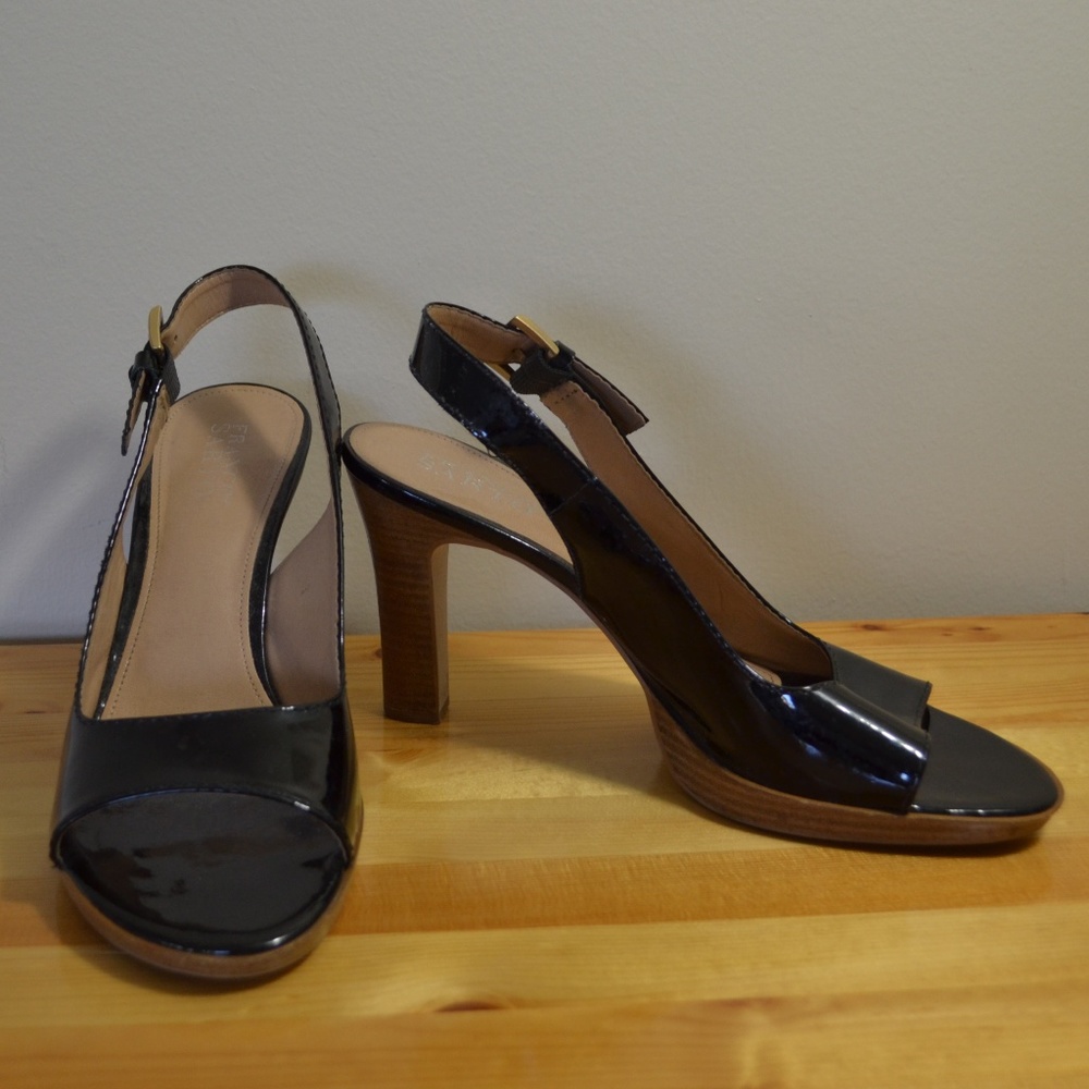 Franco Sarto black patent slingback sandals